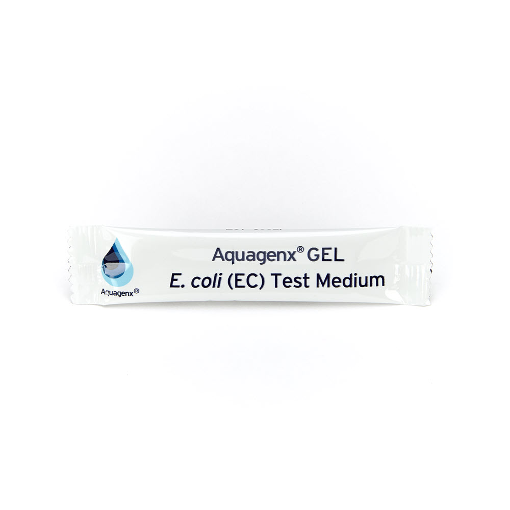 Single packet of Aquagenx GEL EC CFU Kit powder growth medium for E. coli