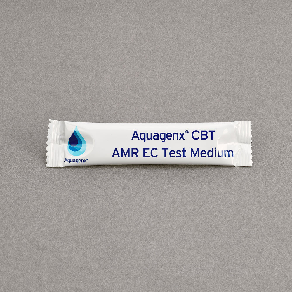 Single packet of CBT AMR ESBL EC powder growth medium in Aquagenx CBT AMR EC MPN Kits